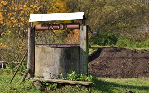Stary, betonowy krąg studni kręgowej, z drewnianą konstrukcją i metalową korbą, otoczony jesienną zielenią.