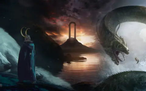 Ein weißer Wolf, ein Mann mit Hörnerhelm und ein riesiger Drache im Wasser. Dies ist ein Bild, das zeigt, was ist Mythologie: alte Geschichten voller Magie und Monster.