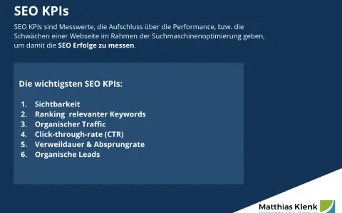 Die wichtigsten SEO KPIs: Sichtbarkeit, Ranking, Traffic, CTR, Verweildauer, Absprungrate und organische Leads.