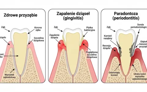 Ilustracja pokazuje postęp chorób przyzębia: zdrowe dziąsła, zapalenie dziąseł i paradontozę. Czy paradontoza jest zaraźliwa?