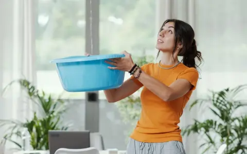 Une femme tente de contenir une fuite d'eau avec un bac bleu, visiblement exaspérée par le dégât des eaux voisin récalcitrant.
