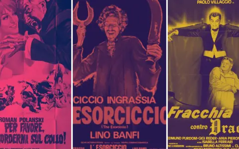 Locandine di film horror divertenti: un vampiro minaccia una donna, un esorcista con falce e ferro di cavallo, e Fracchia contro Dracula.