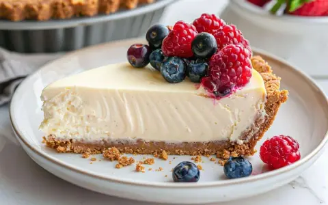 Tranche de cheesecake sans cuisson garnie de fruits rouges frais.