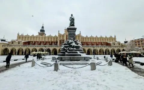 Zimowy weekend w Krakowie. Rynek Główny ze Sukiennicami i pomnikiem Adama Mickiewicza, pokryty śniegiem.