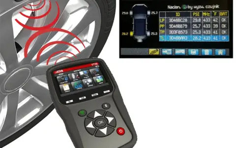Narzędzie do programowania czujników TPMS wyświetla dane ciśnienia i temperatury opon.