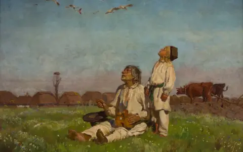 Obraz przedstawia dwóch mężczyzn w strojach ludowych patrzących w niebo, na tle wsi i krów.