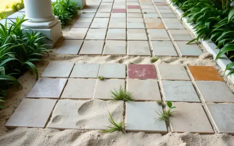Chemin de dalles carrées sur du sable, avec des brins d'herbe poussant entre elles. L'épaisseur du lit de sable pour dalle est visible.