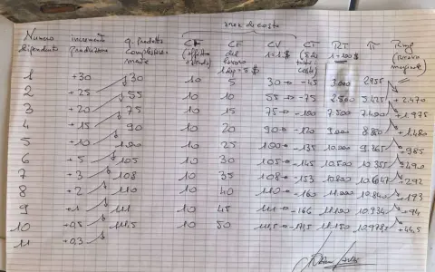 Tabella economica con calcoli di costo e ricavo marginale.
