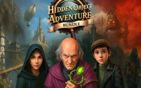 Trzy postacie, w tym starszy mężczyzna z magiczną laską, młody chłopiec i dziewczyna w kapturze, zapraszają do świata gier typu hidden objects.