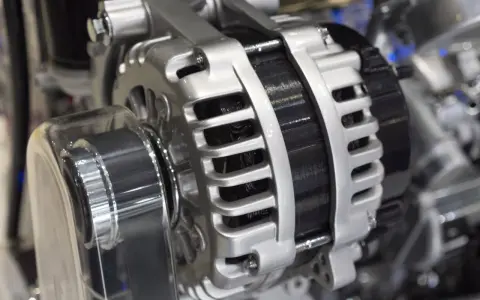 Błyszczący alternator w aucie, kluczowy element układu elektrycznego, gotowy do ładowania akumulatora.