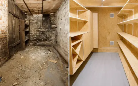 Avant/Après : une cave sombre et poussiéreuse transformée en espace de rangement lumineux et fonctionnel grâce à une rénovation complète.