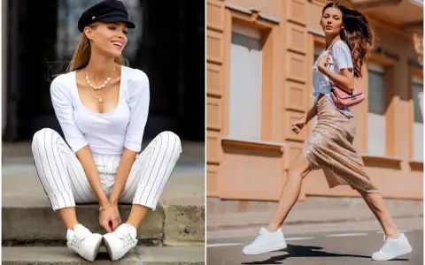 Białe buty damskie pasują do eleganckich spodni w paski i do błyszczącej spódnicy. Stylowe zestawy na co dzień i na wieczór.