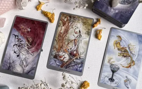 Trzy karty tarota: Dziesiątka Mieczy, Królowa Buław i As Kielichów, tworzą magiczną atmosferę. Idealne do wróżenia, jak tarot online, który się sprawdza.
