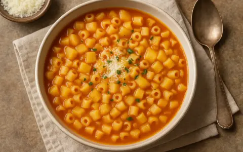 Una ciotola fumante di pasta e patate, condita con parmigiano grattugiato e prezzemolo fresco. Un comfort food che scalda il cuore.