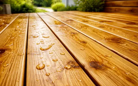 Gouttes d'eau sur une terrasse en bois, preuve de l'efficacité du traitement autoclave bois.