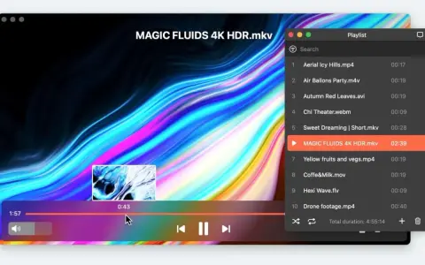 Odtwarzacz filmów z napisami wyświetla "MAGIC FLUIDS 4K HDR.mkv" na tle kolorowych fal. Widoczna jest lista odtwarzania.