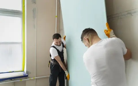 Dwóch budowlańców w rękawiczkach montuje dużą, jasnoniebieską płytę gipsowo-kartonową. Prace przy łączeniu płyt gk postępują sprawnie.