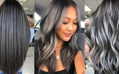Tres estilos de cabello oscuro con mechas plateadas y grises para disimular canas.