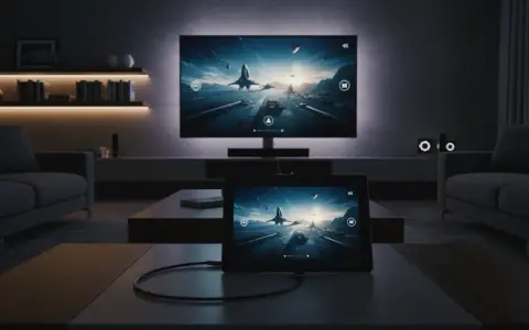 Ein Tablet zeigt ein Spiel, das auf dem großen Fernseher im Hintergrund dupliziert wird.