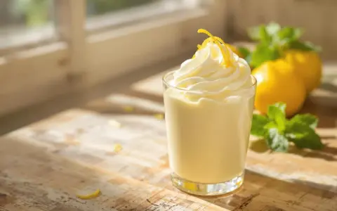 Délicieuse mousse au citron, légère et aérienne, garnie de zestes jaunes vifs. Des citrons et de la menthe fraîche en arrière-plan.