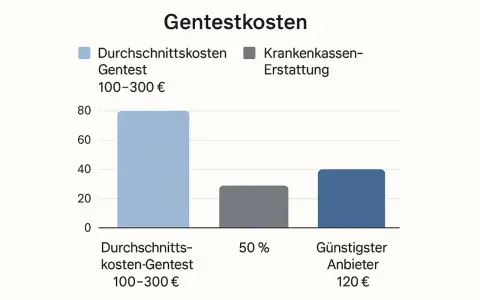 Grafico sui costi del test genetico: costo medio 100-300€, rimborso assicurazione 50%, offerta più economica 120€.