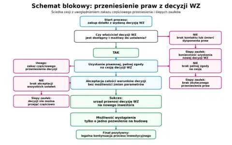 Schemat blokowy procesu przeniesienia praw z decyzji WZ, uwzględniający warunki zabudowy i potencjalne problemy.