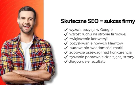 Uśmiechnięty mężczyzna z listą korzyści z SEO. Skuteczne SEO to sukces firmy, jak domowe sposoby na zawroty głowy.