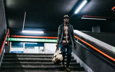 Uomo con borsa scende le scale di una metropolitana, un'immagine con un'atmosfera urbana e moderna. Queste foto creative catturano momenti di vita quotidiana.