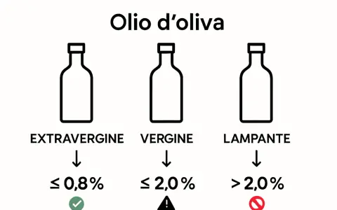Olio d'oliva: extravergine (≤ 0,8%), vergine (≤ 2,0%), lampante (> 2,0%). L'olio di oliva non extravergine include le categorie vergine e lampante.