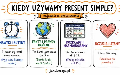 Grafika wyjaśnia, kiedy używamy czas teraźniejszy angielski: nawyki (np. "I brush my teeth"), fakty ("The Earth goes round"), rozkłady ("The train leaves") i uczucia ("I love this song").