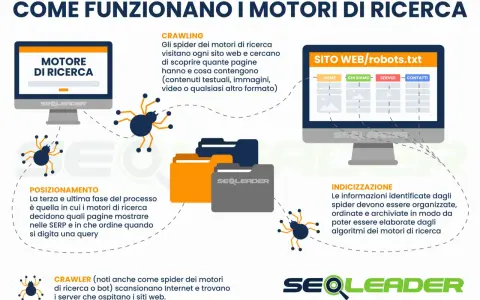 Spider dei motori di ricerca esplorano siti web, indicizzano contenuti e determinano il posizionamento per le query.
