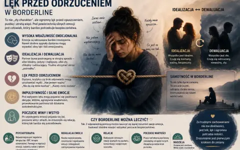 Lęk przed odrzuceniem w borderline: intensywne emocje, idealizacja/dewaluacja partnera, impulsywność, poczucie winy. Możliwa terapia.