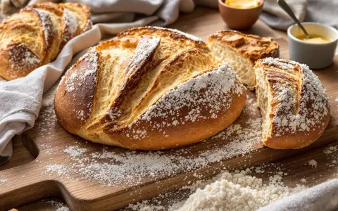 Une brioche au levain, mie filante, saupoudrée de farine, sur une planche en bois. Du beurre et de la confiture sont à proximité.
