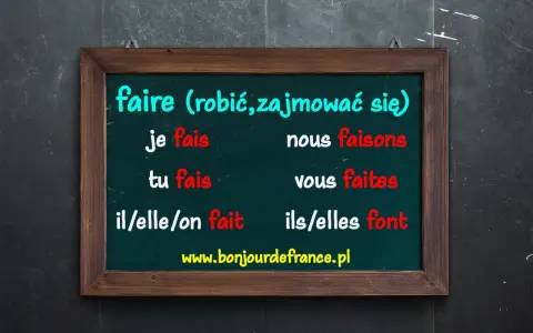 Tablica z odmianą francuskiego czasownika "faire". Nauka języka to świetna zabawa!