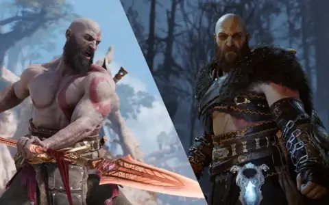 Kratos w zbroi i bez niej, gotowy do walki w God of War Ragnarök. Czy pojawi się w PS Plus?