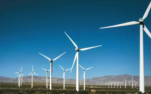 Wiatraki energetyczne na tle błękitnego nieba i gór. W oddali widać kolejne turbiny.
