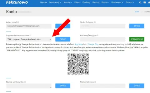 Ustawienia dwuetapowe konta Fakturowo. Jak odzyskać dostęp? Skonfiguruj Google Authenticator, zeskanuj kod QR i wpisz kod weryfikacyjny.
