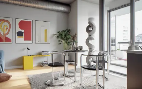 Nowoczesne wnętrze w stylu bauhaus z okrągłym stołem, krzesłami z chromowanej rury i abstrakcyjnymi obrazami na ścianie.