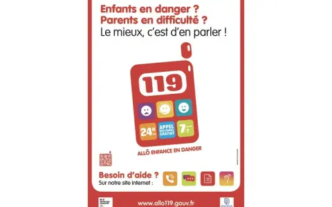 Affiche pour signaler enfant en danger. Le numéro 119 est mis en avant, avec des icônes pour le contact et l'aide.