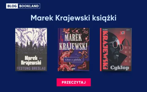 Okładki książek Marka Krajewskiego: "Festung Breslau", "Głos z piekła", "Cyklop". Kolejność czytania tych kryminałów może być dowolna.