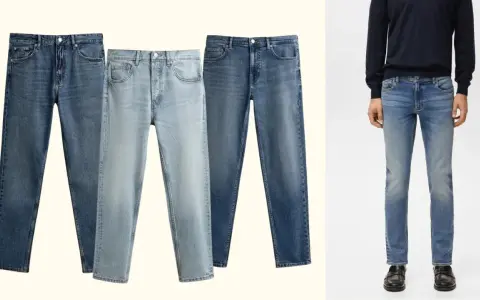 Tre paia di jeans in diverse tonalità di blu, con un uomo che indossa jeans slim fit. Il jeans slim fit significato è un taglio moderno e versatile.