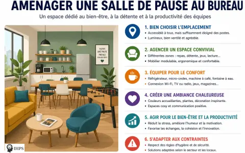 Une salle de pause conviviale avec canapé jaune, fauteuil bleu, table, chaises, baby-foot et cuisine équipée. Idéal pour la détente et la productivité.