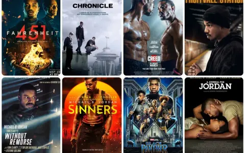 Affischer för filmer med Michael B. Jordan: Fahrenheit 451, Chronicle, Creed, Fruitvale Station, Without Remorse, Sinners, Black Panther och A Journal for Jordan.