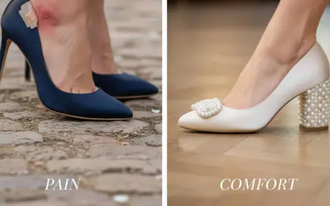 Scarpe da cerimonia donna: un tacco blu con cerotto e vescica, contrapposto a un elegante modello bianco con perle, che promette comfort.