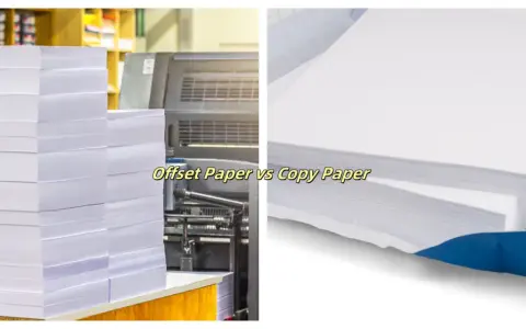Pilares de papel para impresión offset y un fajo de papel couché o estucado en un paquete azul.