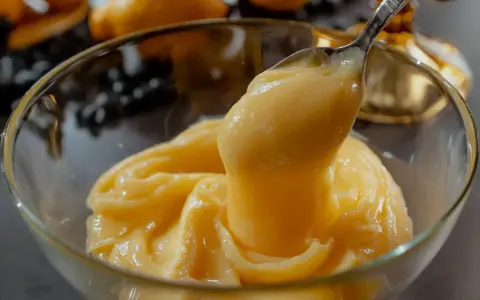 Cuillère prélevant une généreuse portion de crème pâtissière citron, onctueuse et dorée, dans un bol en verre. Des citrons flous en arrière-plan.
