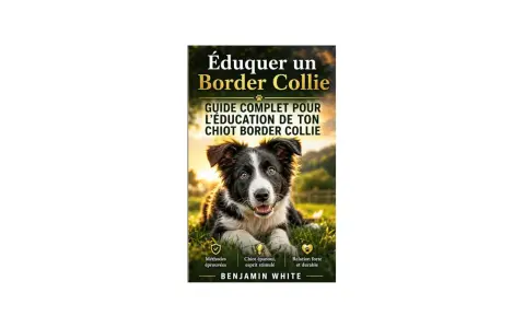 Couverture de livre "Éduquer un Border Collie", avec un chiot Border Collie assis dans l'herbe au coucher du soleil. Guide complet pour l'éducation de votre chiot.