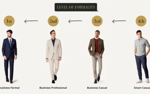 Vier Männer präsentieren verschiedene Stufen des tenue de ville, von Business Formal bis Smart Casual.