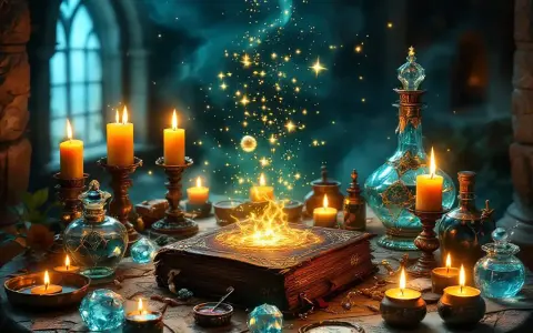 Stary księgozbiór, świece i magiczne mikstury tworzą atmosferę tajemnicy, jakby szukano tu odpowiedzi, jak odczynić urok.