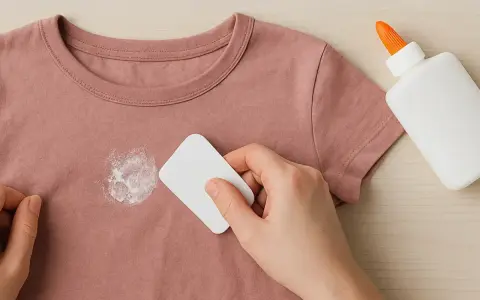 Mano raspando un parche de pegamento seco de una camiseta rosa. Un consejo para como quitar parches de la ropa.